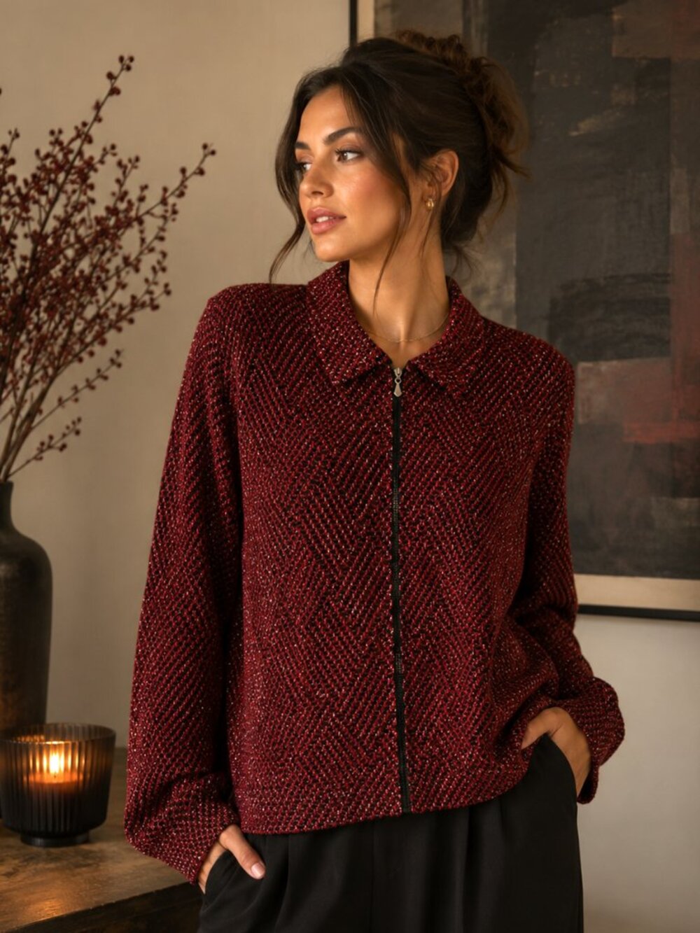 Alfred Dunner Petite Red & Black Metallic Knit Zip-Front Jacket | Size 12P